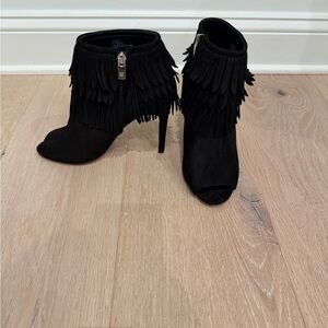 Vince Camuto Peep Toe Suede Fringe Bootie